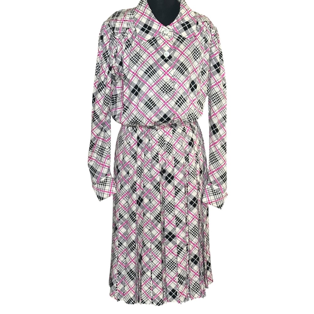 Saint Laurent Rive Gauche Vintage 80s Pink Plaid Pleated Midi Dress FR 40 / US 8